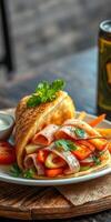 Delicious wrap filled with vegetables and slices of turkey served with dipping sauce and fries at a cozy cafe photo
