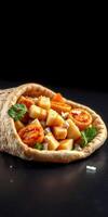 Delicious wrap filled with diced vegetables and herbs on a dark background showcasing fresh ingredients and vibrant colors photo