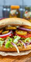 Freshly prepared sandwich loaded with vegetables and flavors at a cozy eatery photo