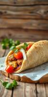 Delicious wrap filled with savory chicken, fresh tomatoes, and herbs on rustic wooden table photo