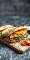Delicious sandwich with layers of meat, cheese, and fresh vegetables on a wooden board in a cozy setting photo