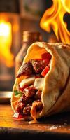 Delicious wrap filled with grilled meat and fresh vegetables against a warm background photo