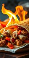 Delicious spicy wrap filled with flavorful chicken and vegetables being grilled over an open flame photo