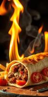 Grilled wrap with savory filling and flames highlighting cooking technique at a cozy kitchen setting photo