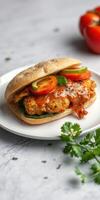 Crispy chicken sandwich with fresh vegetables and sauce on a plate garnished with herbs in a kitchen setting photo