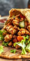 Grilled chicken wrap with fresh vegetables served on a wooden board in a cozy setting photo