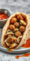 Delicious falafel wrap with sauce and mushrooms served on a silver plate photo