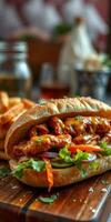 Delicious sandwich with grilled chicken, fresh vegetables, and crispy fries served at a cozy restaurant photo