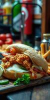 Delicious chicken sandwich served with crispy fries and fresh toppings at a lively eatery during lunchtime photo