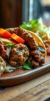 Delicious platter of spicy grilled meat tacos with fresh toppings and vibrant colors served in a rustic setting photo