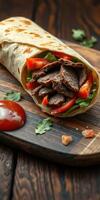 Delicious wrap filled with tender meat, fresh vegetables, and tangy sauce on a wooden board photo