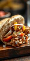 Delicious pita filled with savory meat and colorful vegetables in a cozy dining setting photo