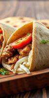 Delicious chicken wrap with fresh vegetables served on a wooden platter during a sunny afternoon photo