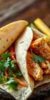Freshly made chicken tacos with vibrant toppings served on a wooden table during a sunny day photo
