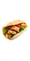 Delicious grilled chicken sandwich with fresh vegetables in soft flatbread photo