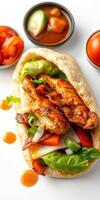 Grilled chicken wrap filled with fresh vegetables served with sauces on a white plate photo