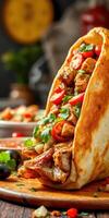Delicious grilled chicken wrap filled with fresh ingredients served on a wooden table photo