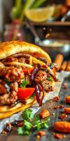 Delicious sandwich filled with grilled meat, vegetables, and sauces served on a wooden table photo