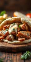 Delicious chicken shawarma wrapped in fresh pita with creamy sauce and herbs photo