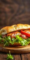 Freshly made sandwich with lettuce, tomato, and savory filling on wooden board photo