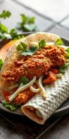 Enjoying a flavorful chicken wrap with fresh vegetables and herbs on a rustic wooden table photo
