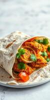 Delicious spicy fried chicken wrapped in a soft tortilla with fresh herbs and vegetables served on a plate photo