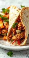 Delicious chicken fajitas served in warm tortillas with colorful vegetables and fresh herbs photo