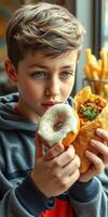 Young boy enjoying a donut and a savory wrap while seated indoors in a cozy eatery photo