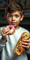 Young boy enjoys tasty snacks while holding a donut and a savory roll in a cozy kitchen setting photo