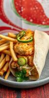 Delicious wrap filled with chicken, fresh vegetables, and crispy fries served on a gray plate photo