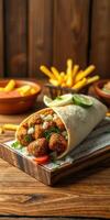 Delicious wrap filled with crispy bites and accompanied by fresh lime and herbs on a wooden table photo