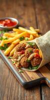 Delicious falafel wrap served with crispy fries and salsa on a wooden table photo