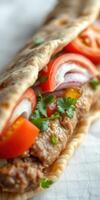 Savory sandwich with grilled meat, fresh tomatoes, and herbs on flatbread served at local food market photo