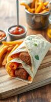 Delicious wrap filled with savory ingredients served alongside crispy fries and sauces in a rustic setting photo