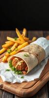 Delicious wrap with crispy filling served with golden fries on a wooden platter photo