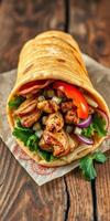 Wrap filled with grilled chicken, fresh vegetables, and herbs served on rustic wooden table photo