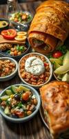 Delicious spread of traditional dishes and fresh ingredients on a wooden table during a lunchtime gathering photo