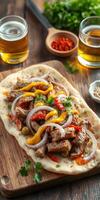 Tasty grilled meat served on flatbread with toppings and beers in a rustic setting photo