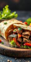 Savory meat wrap with fresh vegetables served on rustic wooden board with green lettuce and peppers photo
