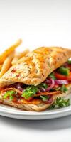 Delicious sandwich filled with fresh ingredients served on a white plate with crispy fries on the side photo