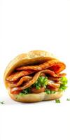 Delicious chicken sandwich stacked high with fresh ingredients and flavorful toppings photo