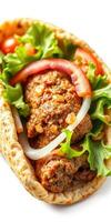 Tasty wrap with seasoned meat, fresh vegetables, and soft bread served on a wooden table photo