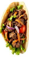 Delicious beef wrap with fresh vegetables served in a soft flatbread at a local eatery photo