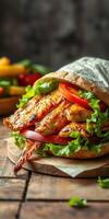 Delicious grilled chicken sandwich loaded with fresh vegetables on a wooden plate photo