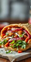 Deliciously wrapped chicken and vegetable burrito with fresh greens ready to be enjoyed photo