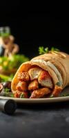 Savory chicken wrap with fresh herbs and spices served on a dark background photo