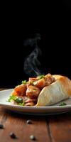 Delicious warm wrap filled with savory chicken and vegetables served on a plate photo