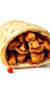 Tasty chicken wrap filled with grilled chicken and spicy sauce ready to enjoy photo