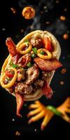 Delicious grilled meat and vegetables in a flatbread wrap served with savory toppings and garnished with herbs photo