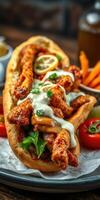 Delicious chicken wrap served with fresh vegetables and crispy fries at a cozy restaurant photo